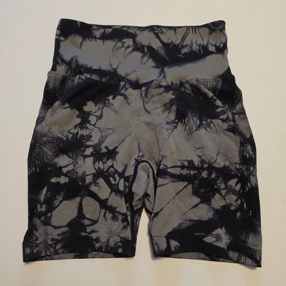 Tie Dye Seamless Scrunch Butt Biker Shorts Grey Black Small